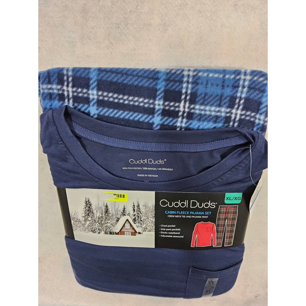 Cuddl Duds Pajamas Mens XL NEW Set Fleece Blue Plaid Pants Shirt Long Sleeve